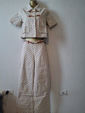 Cream Monogram Two-Piece Set with Brown Trim